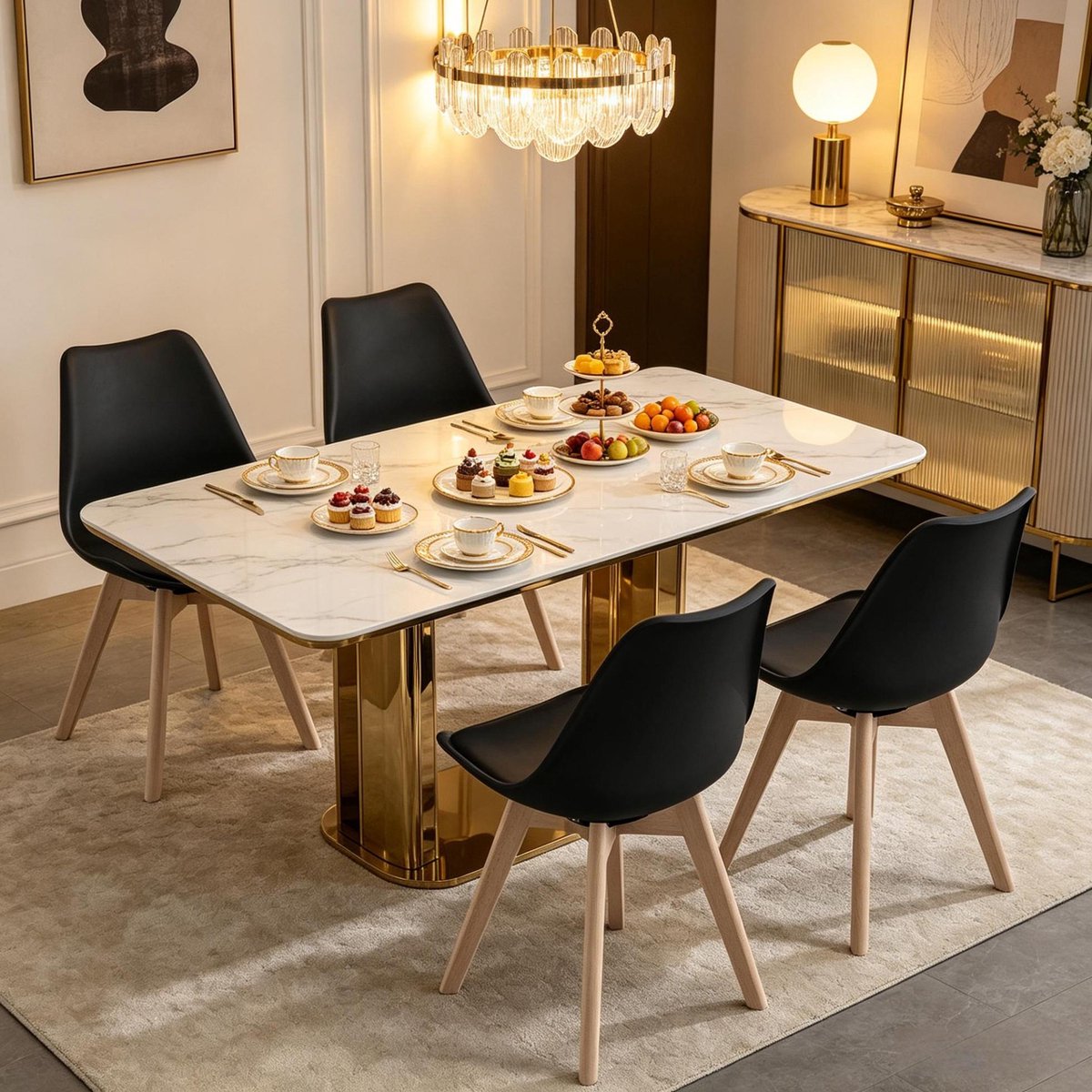 OKWISH Eetkamerstoel – 360° Draaibaar – Set Van 4 – Kunstleer Zitting Met Massief Houten Onderstel – Voor Eethoek Of Woonkamer – Zwart