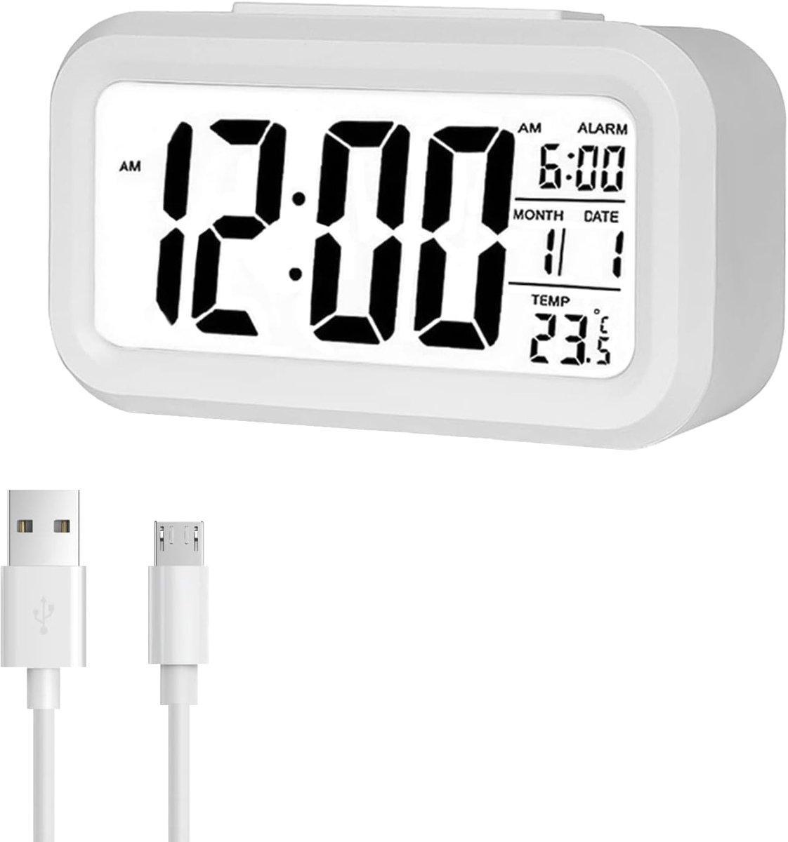 Digitale Wekker met LED Display - Wekker voor Slaapkamer met Temperatuur en Datum - Snooze Functie - Slimme Sensor Nachtlampje - Oplaadbaar - Wit