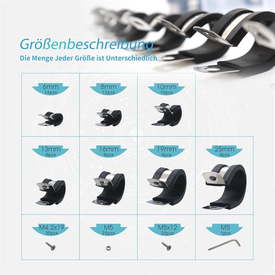 Rubber P-Clips en Slangklemmen Set van 141 Stukken, RVS Klemmen met Rubber Inleg, 7 Maten voor Slangen en Buizen — afbeelding 2