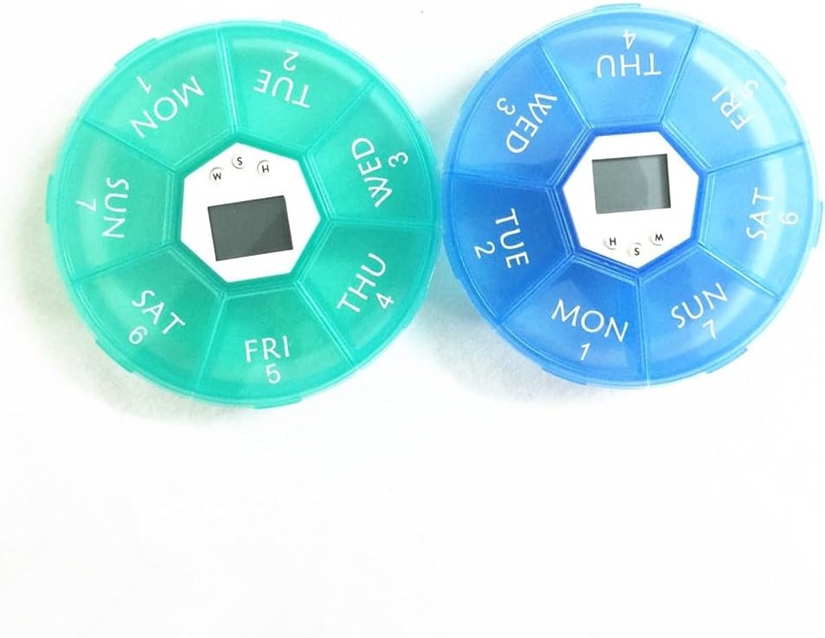 Automatische pillendoos met herinnering, 7 dagen medicatie-organizer voor vitamines en supplementen, 2 stuks met timer in groen en blauw