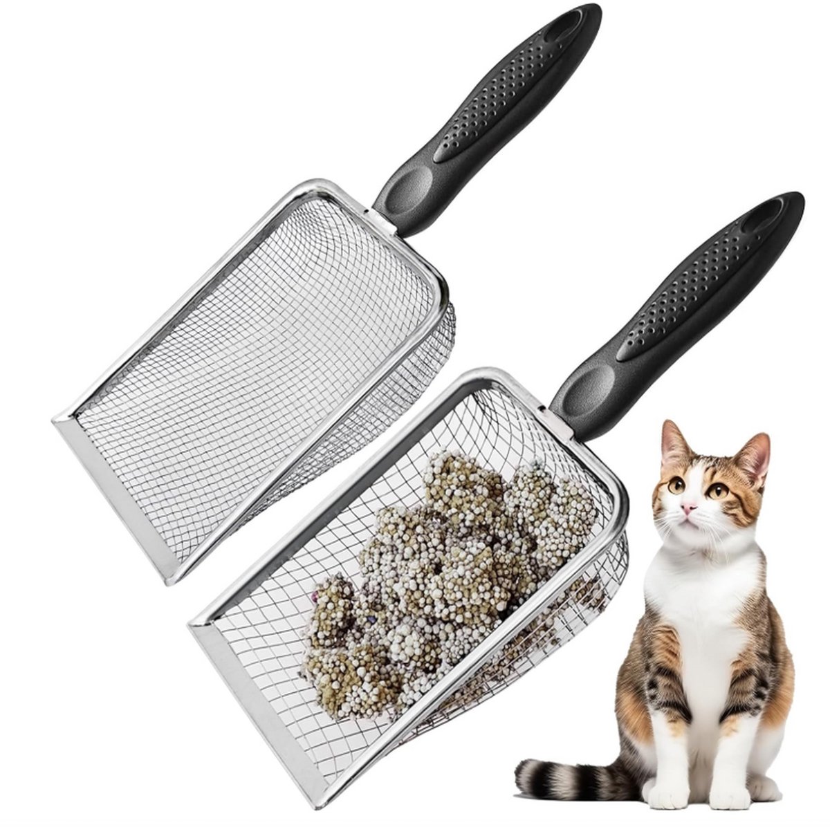 QTTVBTNA – 2 Stuks Kattenbakschep – met Fijnmazig Filter – Kattenpoep Schep met 3 mm & 5 mm Zeef – Kattenbak Schoonmaakschep – Kattenbak Accessoire voor Snelle en Hygiënische Reiniging – Vierkant