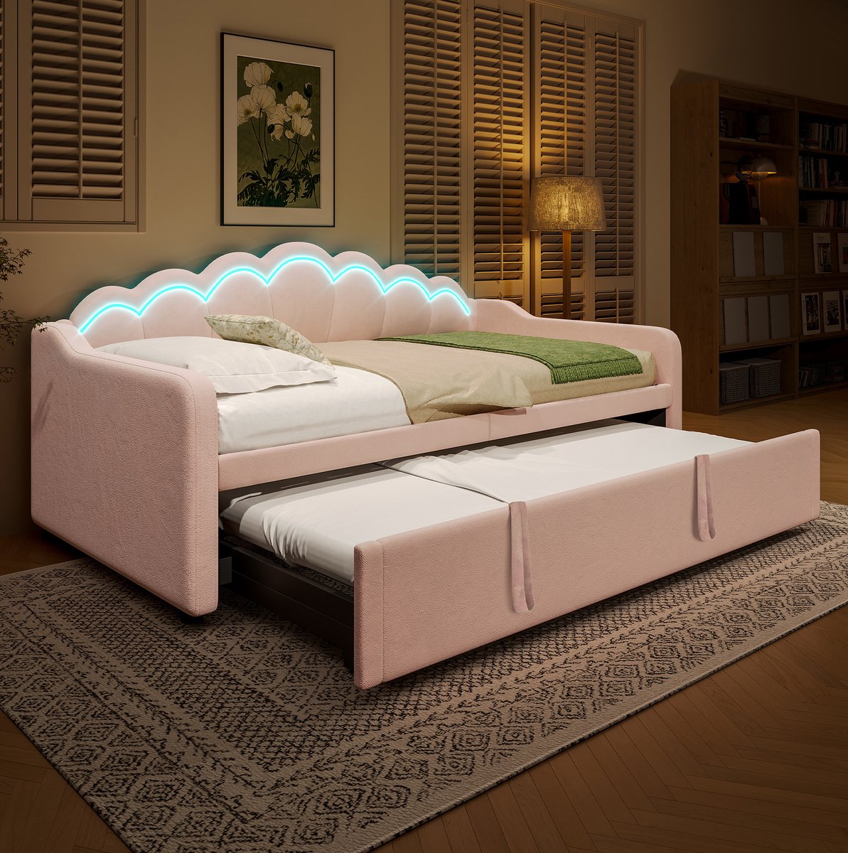 OKWISH Bedbank 90x200 cm - Uitschuifbaar Bed Met Verstelbare Ledverlichting - Met Extra Slaapplaats - Volwassenen - Fluweel En MDF - Roze - Zonder Matras