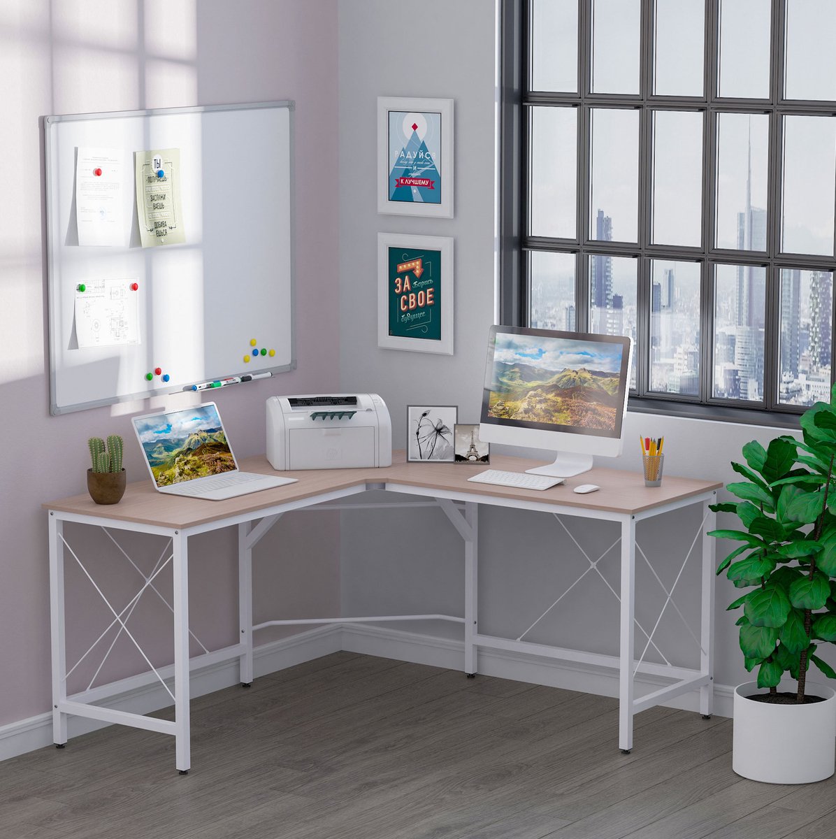 STILVORA Hoekbureau - L-Vormig Bureau Voor Optimale Hoekbenutting - Voor Thuiskantoor En Werkkamer - MDF En Metaal - 150x150x76 Cm - Naturel