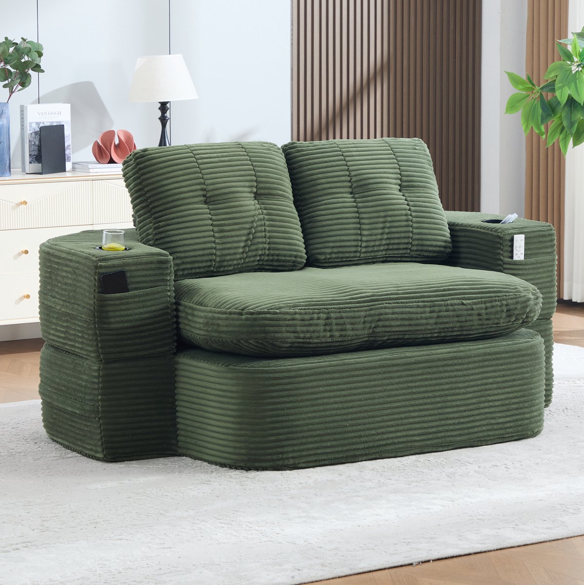 Wishdor - Slaapfauteuil 2-in-1 - Ligfunctie - afneembare armleuningen met bekerhouders - retro - woonkamer of slaapkamer - cord - smaragdgroen - 165 x 123 x 61 cm