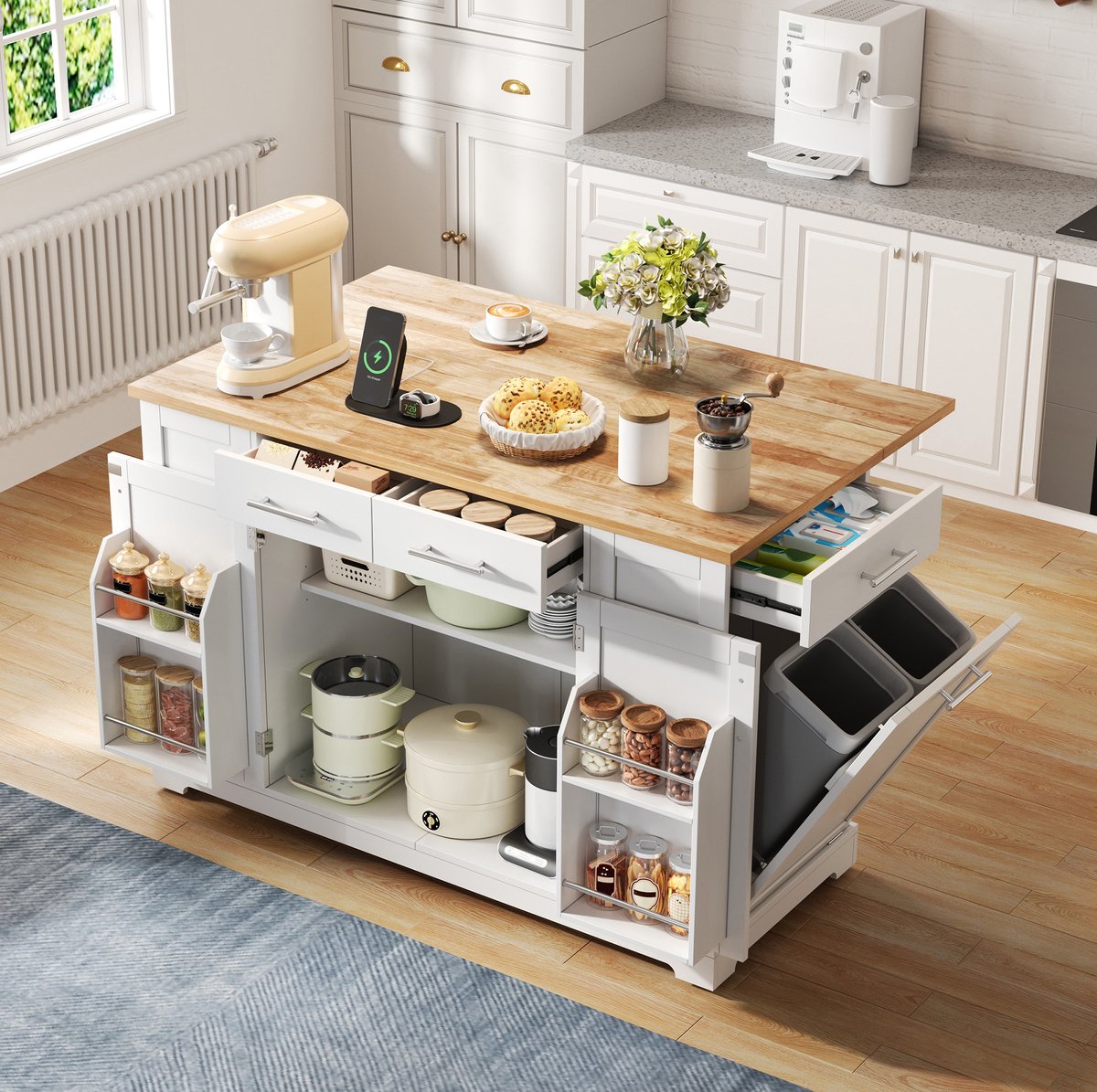 Wishdor - Keukenkast - Keukeneiland met klapblad en stopcontact - op wielen met afvalruimte en verstelbare planken - modern - MDF houtlook - wit naturel - 138 cm