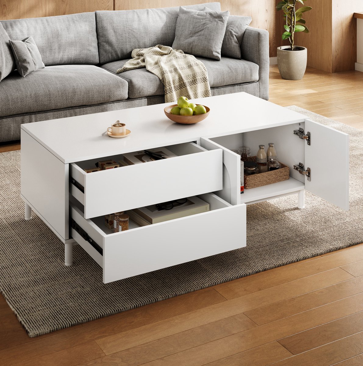 OKWISH Salontafel - Rechthoekige Opbergtafel Met 2 Lades En 2 Deuren - Voor Woonkamer - MDF En Spaanplaat Wit - 100 x 50 x 39,5 cm