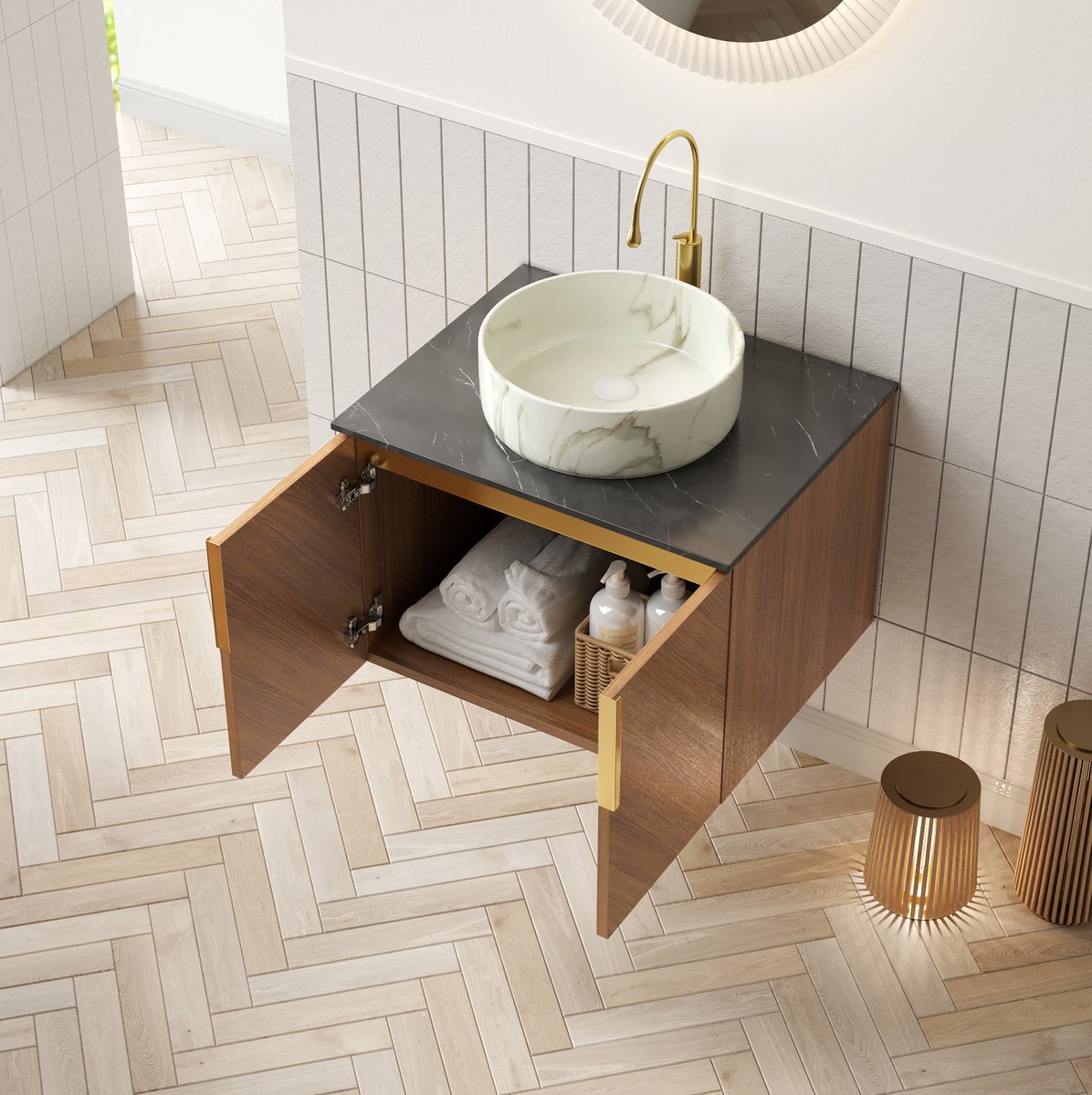 OKWISH Badkamermeubel - Hangend Met Opbouw Waskom - 61 x 50 cm - 2 Deuren Met Zachtsluitend Systeem - Multiplex Bruin Eiken
