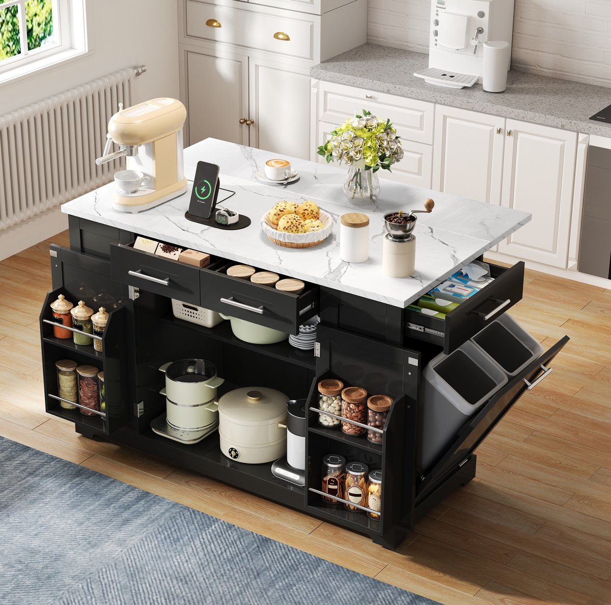 STILVORA Keukenkast - Keukeneiland Met Opklapbaar Werkblad En Stopcontact - Verrijdbaar Voor Koken En Opbergen - MDF - 138x86x92 Cm - Zwart