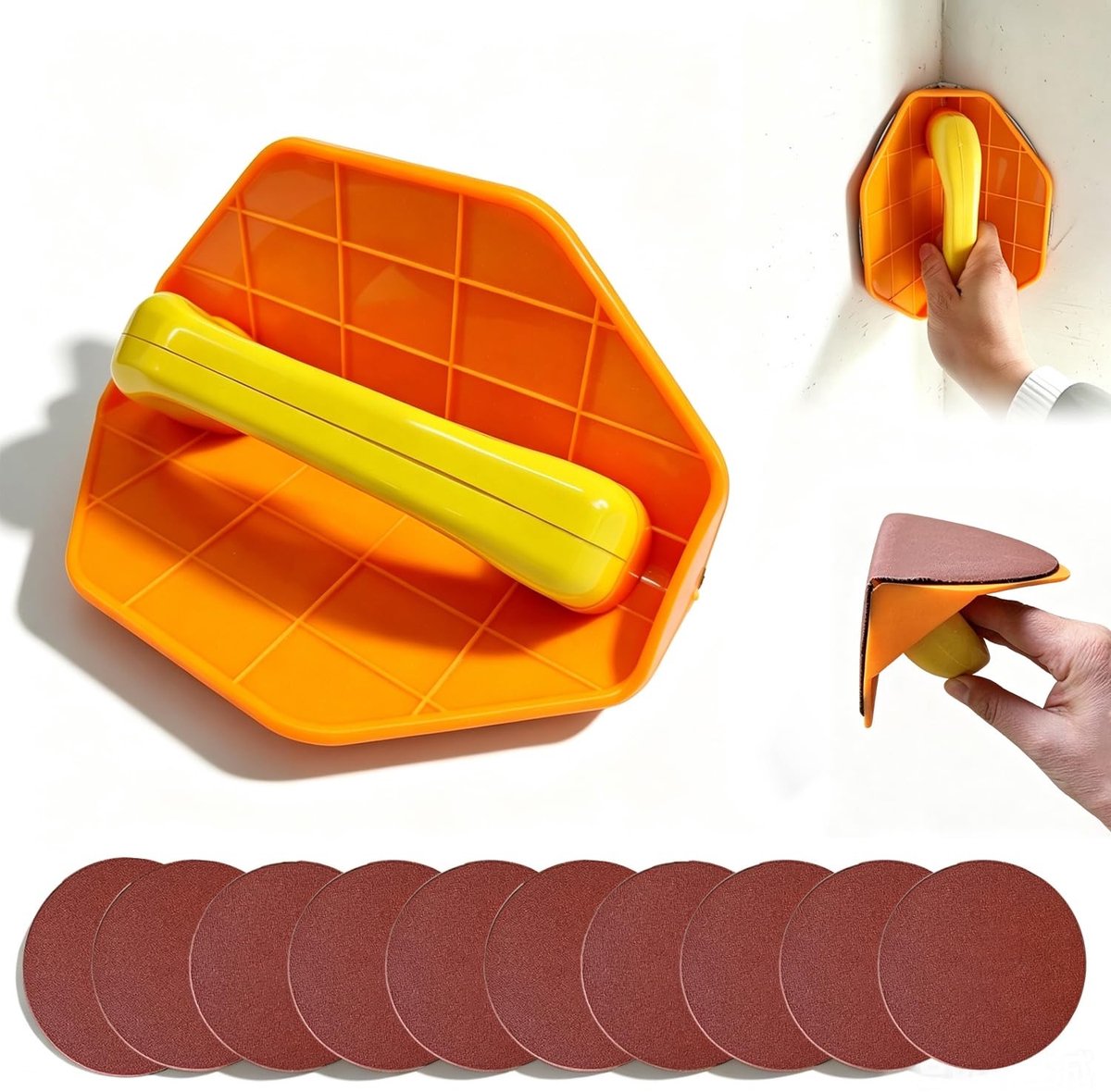 Handschuurset 23 cm voor gipsplaten met halfronde hoekslijper en 10 ronde schuurpapier voor nauwkeurig slijpen van wandspatel en hoeken