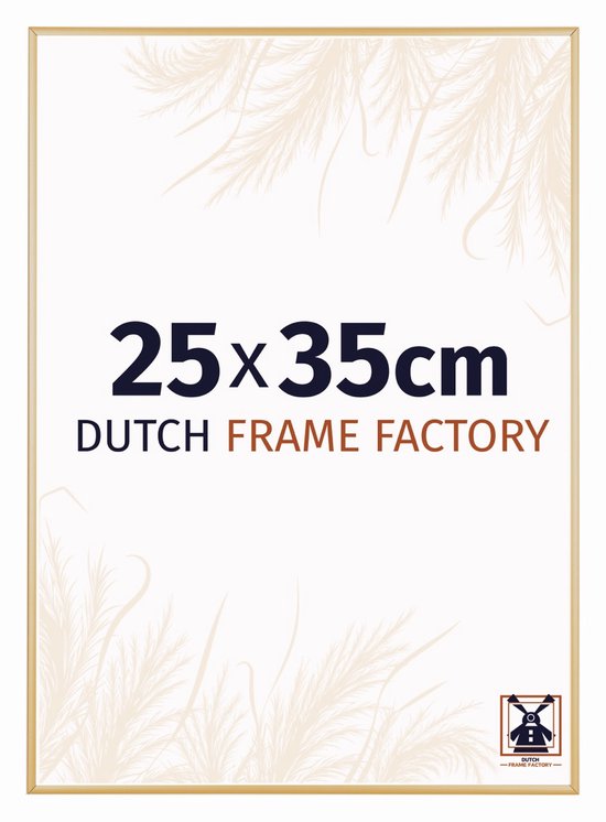 Gouden fotolijst, 25x35cm, met 'Dutch Frame Factory' logo en verenpatroon.