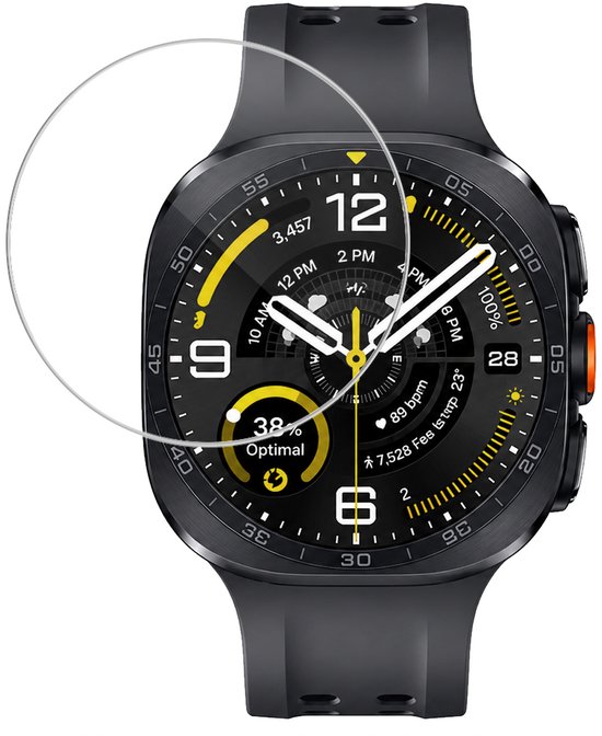 Schermprotector op een donkergrijs horloge met gele accenten, beschermt tegen krassen en stoten.