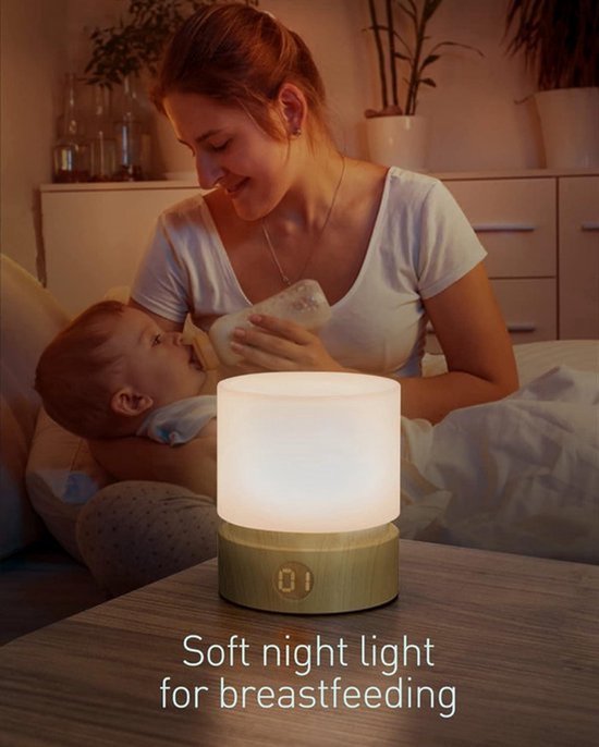 Nachtlampje, warm licht - oplaadbare LED-lamp, houtnerf - slaaptimer - dimbaar, draadloos, werkt op batterijen - nachtlampje - houtnerf wit — afbeelding 5