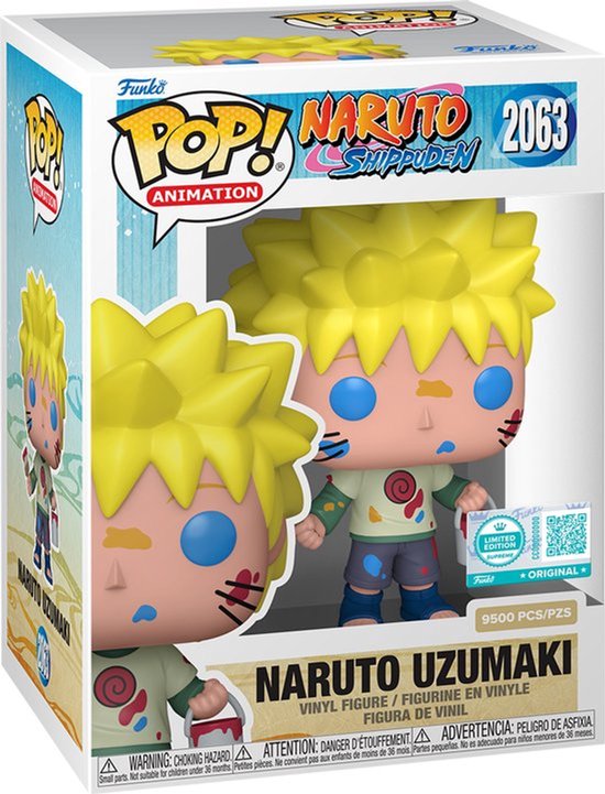 Figurine Funko Pop! en vinyle de Naruto Uzumaki avec des éclaboussures de peinture, des cheveux jaunes hérissés et des rayures bleues sur le visage.