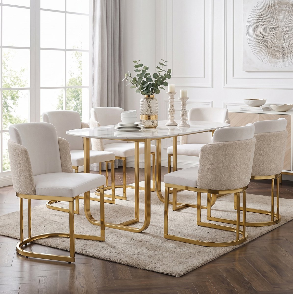 OKWISH Eetkamerstoel – Dubbele Rugleuning & Armleuningen – Set Van 6 – Chenille – Modern – Beige En Goud – Met Metalen Onderstel