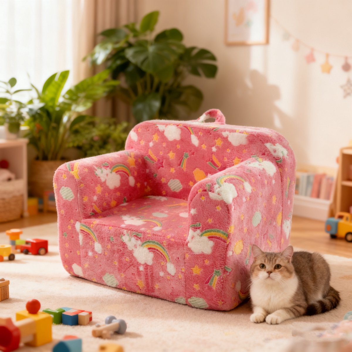 HAUSS SPOLE Fauteuil - Kinderfauteuil Met Armleuning En Draaggreep - Afneembare Hoes En Lichtgevend Regenboogpatroon - Kinderkamer - Stof Rose
