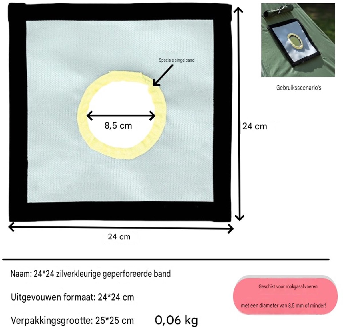 Hittebestendig Tent Uitsparing Paneel 24×24cm Met Ronde Opening Ø8,5cm, Speciaal Weefsel Voor Kampeer Schoorsteenpijp, Waterafstotend Herstelblad Voor Buiten Tenten