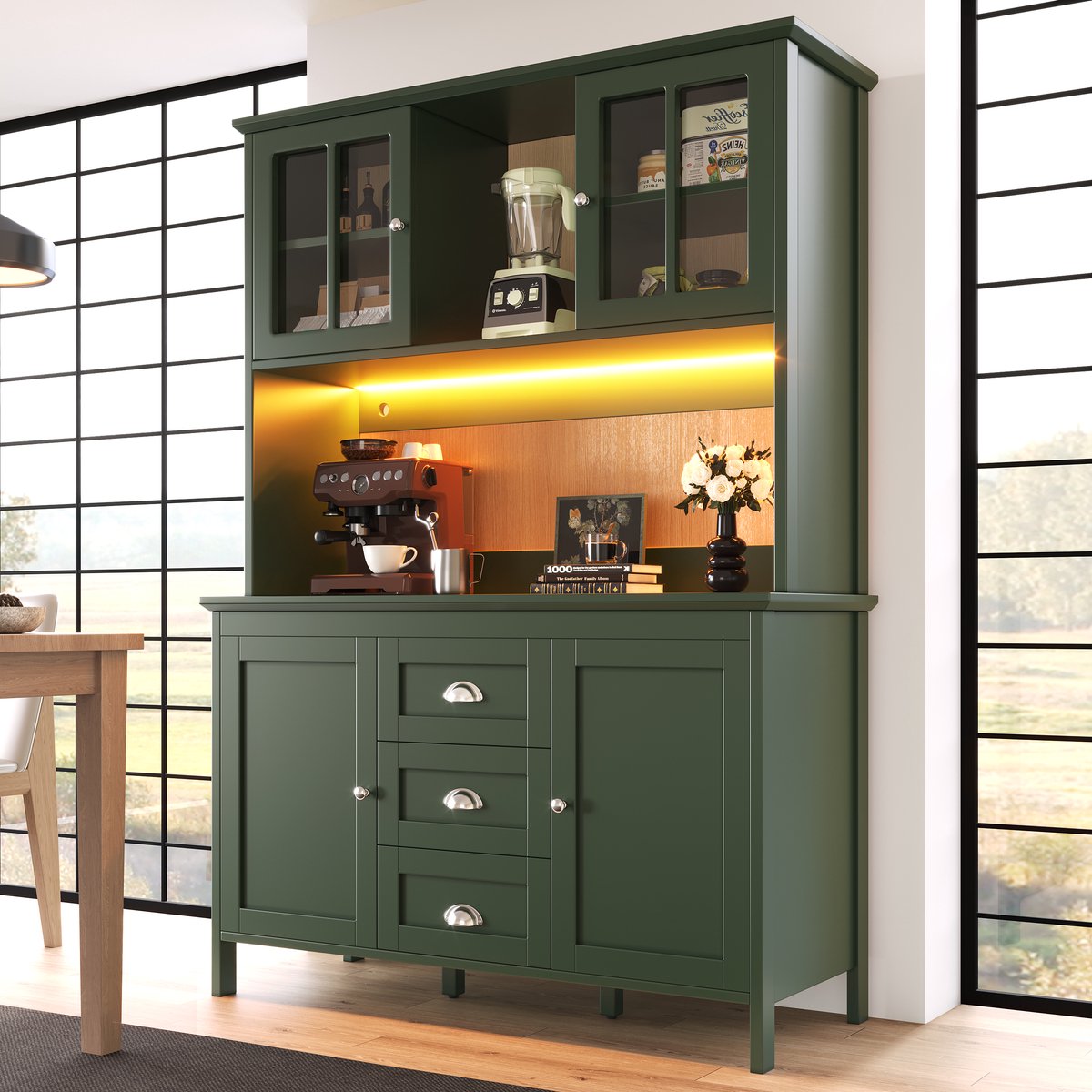 MODFU - Keukenkast - Hoog - Groen - Glazen Deuren - Ledverlichting - Staand