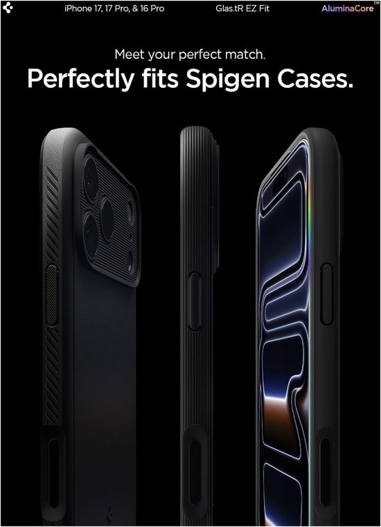 iPhone 14 Pro in Spigen hoesjes, getoond vanuit drie hoeken.