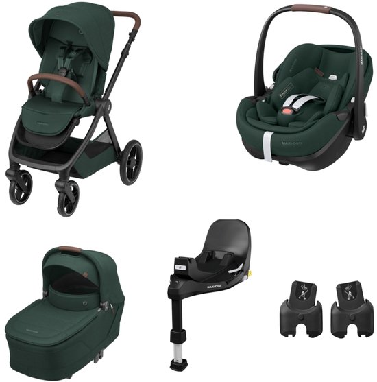 Maxi-Cosi Oxford Plus bundel: kinderwagen, autostoel, reiswieg, FamilyFix 360 Pro basis en adapters (Twillic Green).