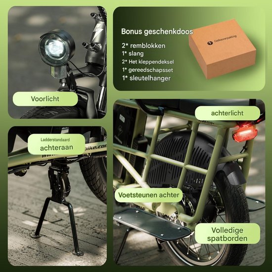Details van een groene Fafrees cargo e-bike: koplamp, achterlicht, trappers, voetsteunen, en cadeauverpakking.