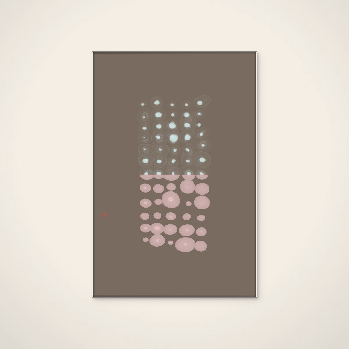 Akoestisch schilderij - 60 x 90 cm - Glowing Pink Blue Circles van Thoth Adan - Geometrische wanddecoratie - wit textielframe
