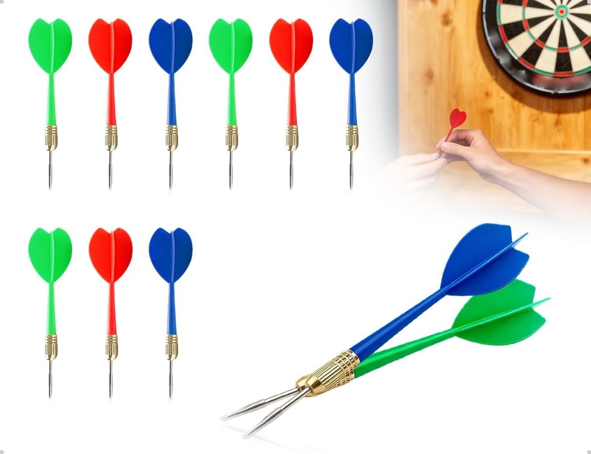 9 stuks dartpijlen met metalen punt en ijzeren coating voor clubtraining en recreatie, rood, donkerblauw en groen