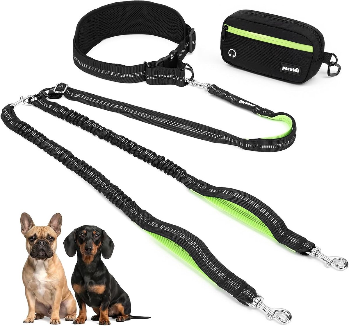 Dubbele hondenriem voor 2 honden, handsfree met waterdichte tas, elastisch touw en reflecterende handgrepen voor honden van 5-15 kg, ideaal voor wandelen en joggen