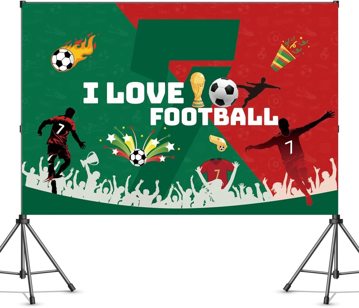 Voetbalfeestachtergrond 150 cm x 100 cm voor verjaardagsdecoratie met voetbalmotieven, voetbalveld en feestthema