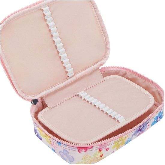 Geopend wit etui met bloemenprint, roze binnenzijde met twee compartimenten en penhouders.