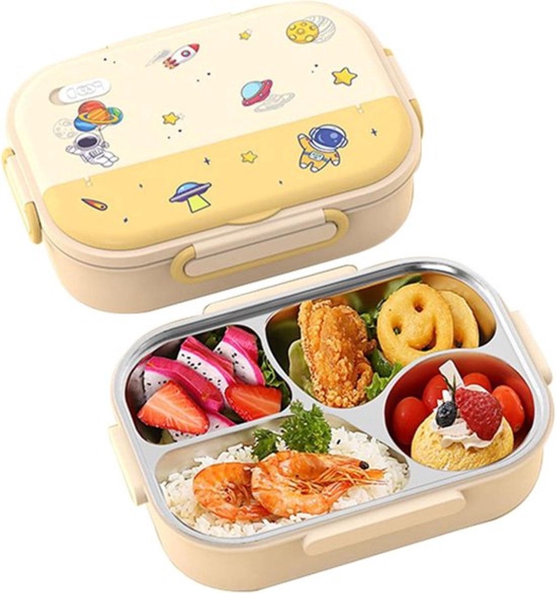 - Lunchbox Bento Box voor kinderen - Voedselcontainer - 4 compartimenten - Schattig ontwerp - Geel - Kinderen - School