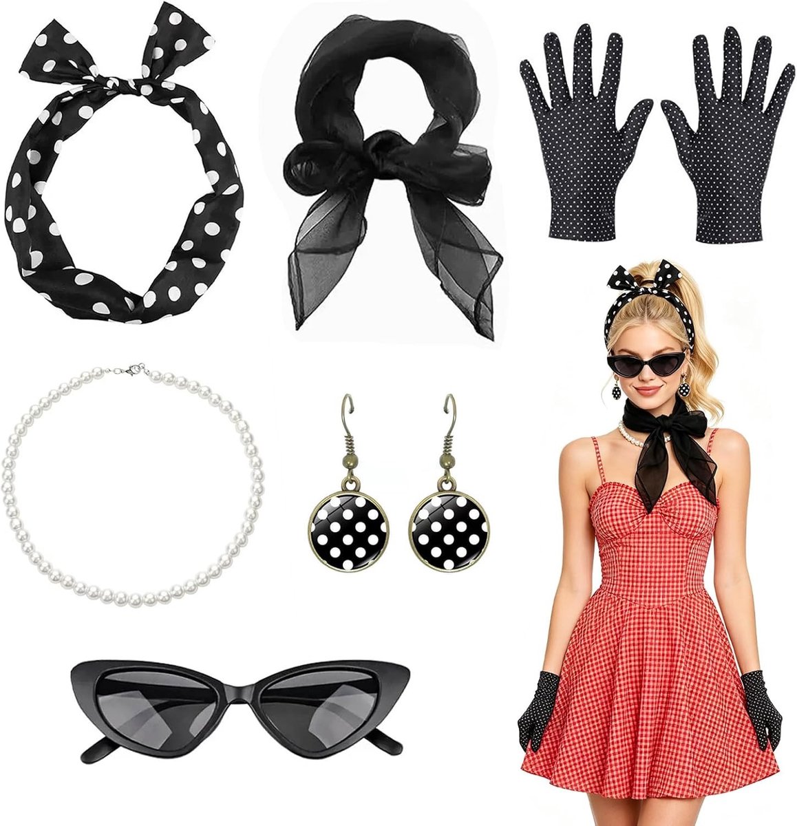 Vintage jaren '50 accessoires voor dames - rockabilly kostuumaccessoires, chiffon sjaal, handschoenen, zonnebril, oorbellen, dot bandana en halsketting voor een retro look