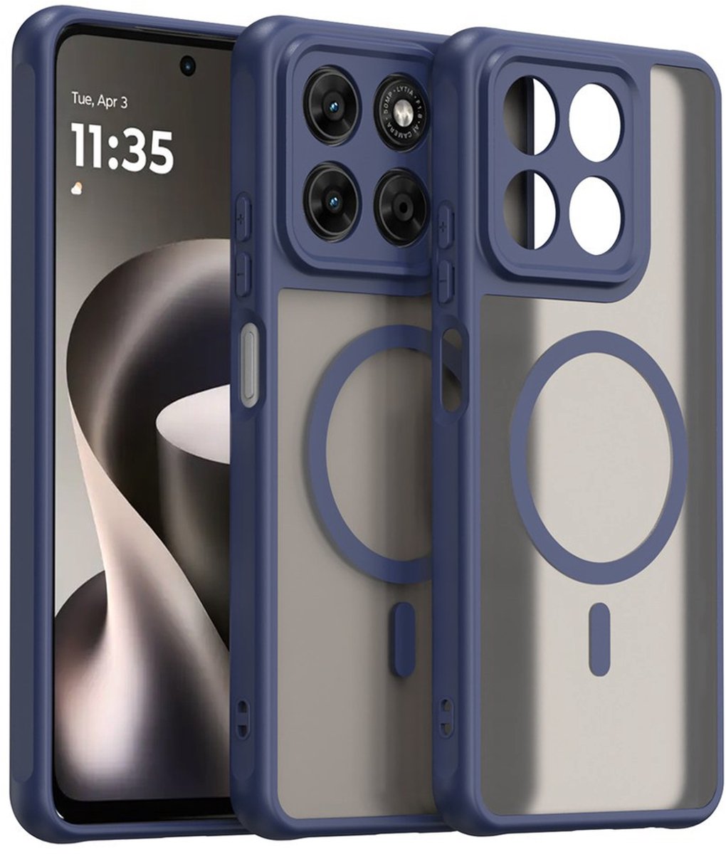 MobyDefend Hoesje - Geschikt voor Motorola Moto G37 Power - Case Geschikt voor MagSafe - Mat Transparant Met Gekleurde Rand - Blauw