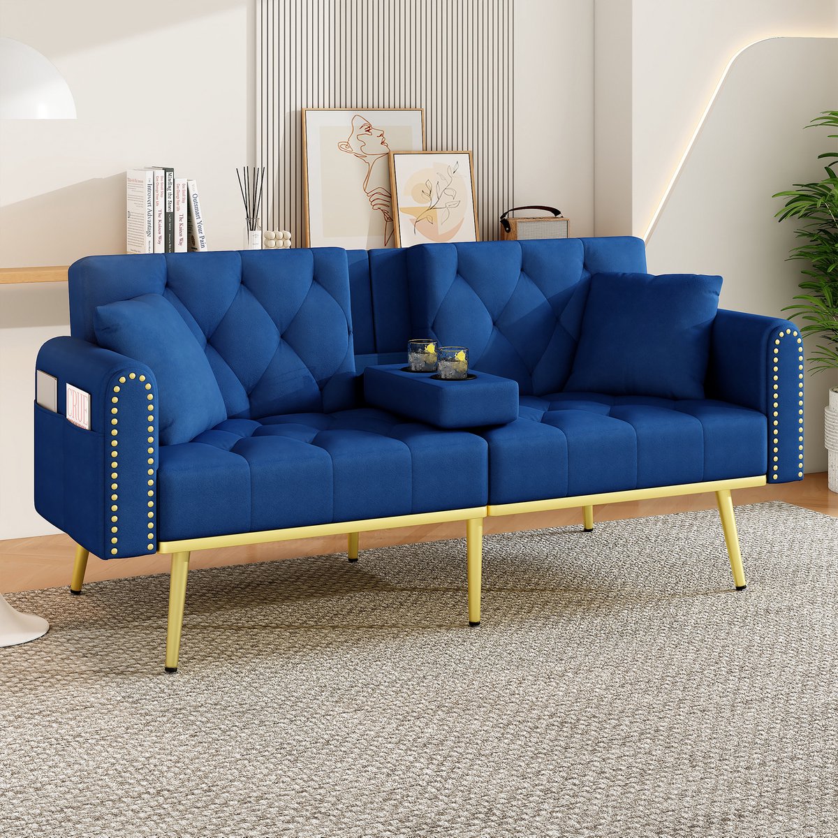 HAUSS SPOLE Slaapbank - 2-Zits Bank - Verstelbare Rugleuning Met Slaapfunctie En Bekerhouder - Voor Woonkamer En Logeerkamer - Velvet Blauw