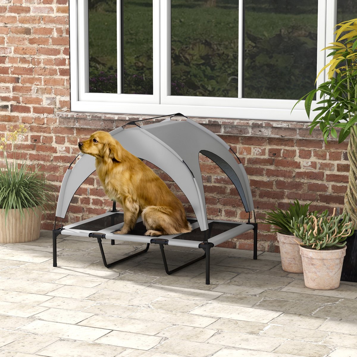 MIVRAY Dierenmand - Verhoogd Hondenbed Met Dak - 106 x 76 x 94 cm - Oxford-Stof En Staal - Lichtgrijs - Outdoor Rustplek Met Ventilerend Ligvlak