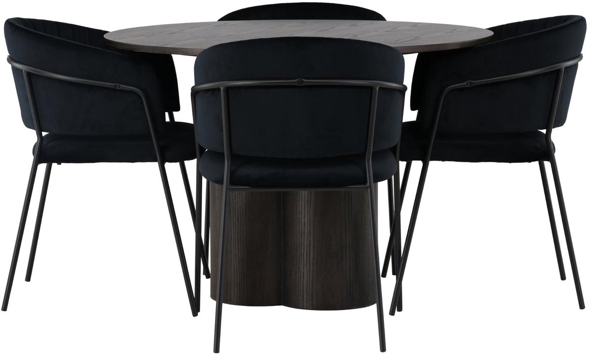 Olivia eethoek eettafel mokka 4 stoelen velours zwart.