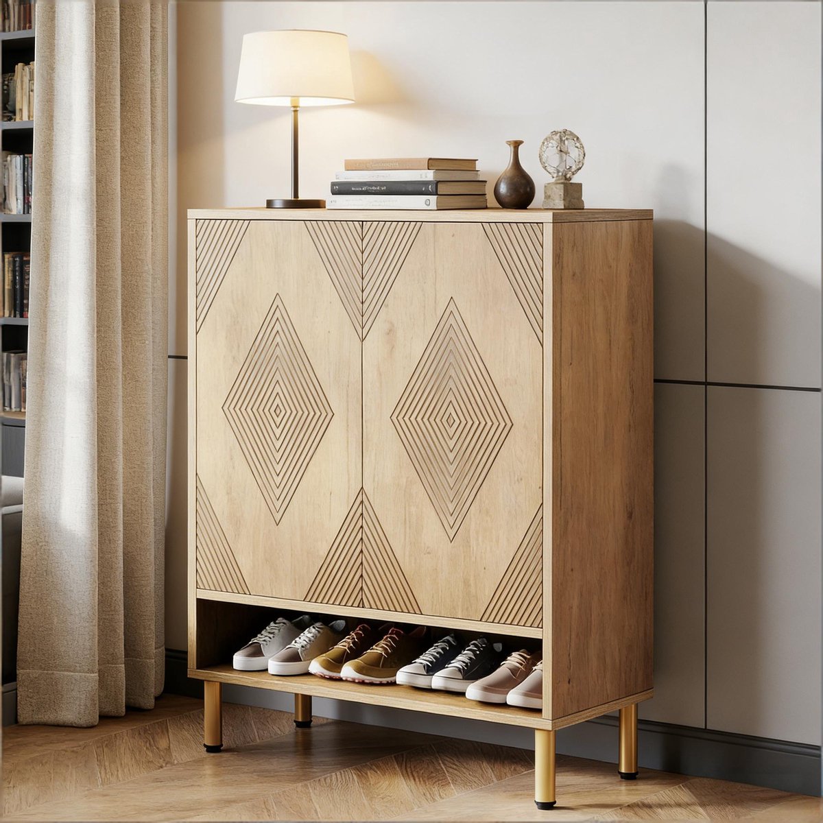 Wishdor - Schoenenkast - 7-laags opbergruimte met verstelbare plank en open vak - modern - voor hal of entree - hout met metalen details - naturel - 73 x 35 x 115,5 cm