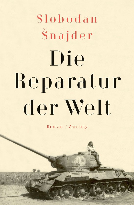 Boek "Die Reparatur der Welt" met een vrouw op een tank.