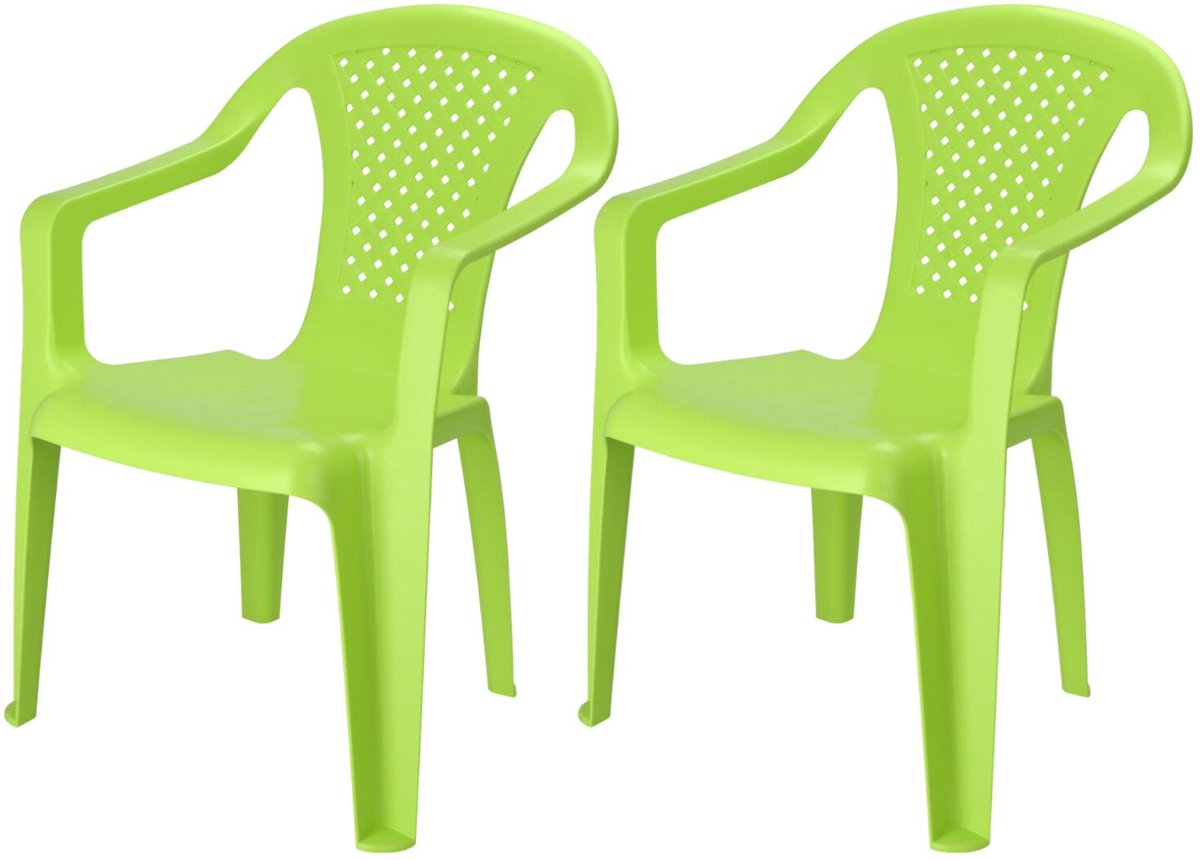 Pro Garden Stoeltjes voor kinderen - 2x - groen - 38 x 52 cm - voor binnen en buiten - kunststof - voor kinderen van 3 tot 7/8 jaar - stapelbaar