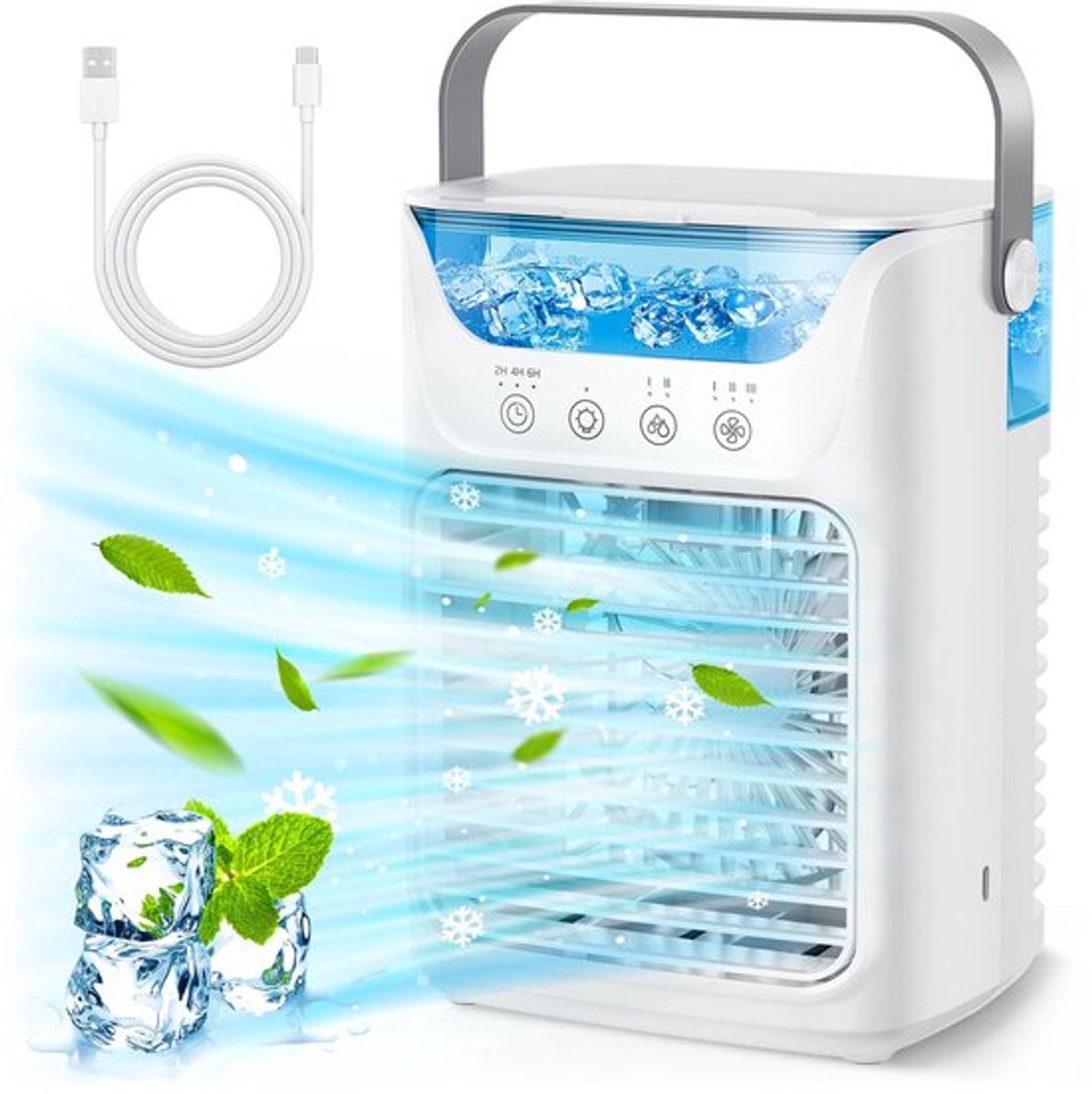 Airconditioningventilator - Draagbare airconditioner, luchtkoeler, luchtbevochtiger en bureauventilator 4-in-1 met 700 ml reservoir / 2 koude nevelstanden / 3 automatische timers / 7 kleuren nachtverlichting