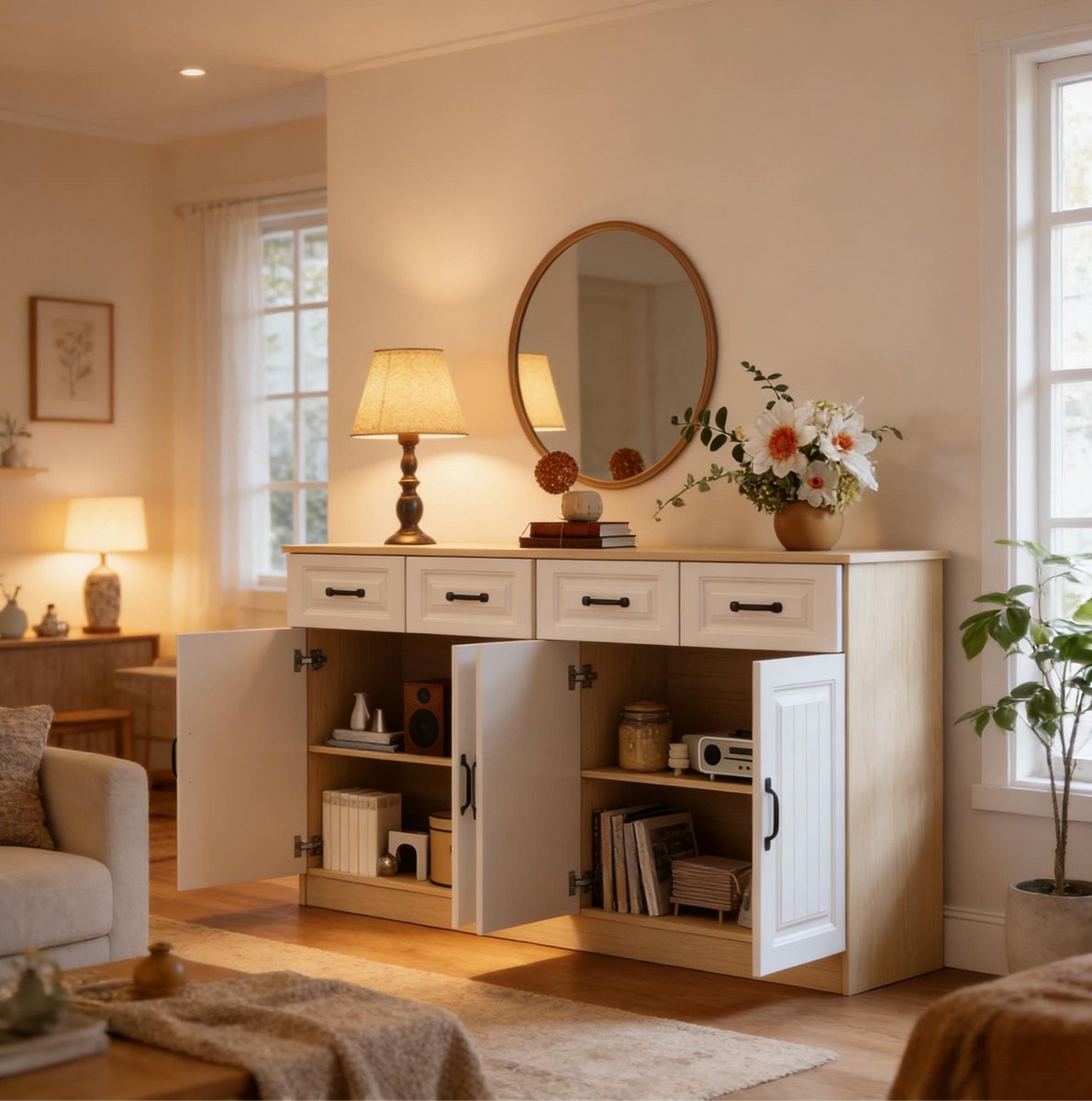 OKWISH Dressoir - 160 x 35 x 80 cm - 4 Laden En 4 Deuren - Grote Opbergruimte Voor Woonkamer Slaapkamer En Keuken - MDF Wit En Naturel