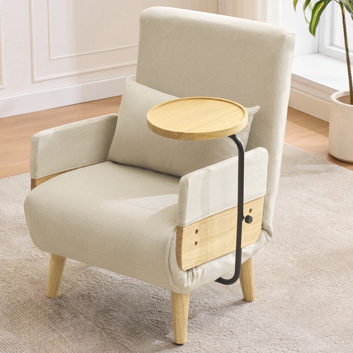 FloraGrace Fauteuil 1-Zits - Verstelbare Rugleuning En Armen - 3-In-1 Ontwerp Voor Woonkamer, Slaapkamer En Kantoor - Linnen - Beige