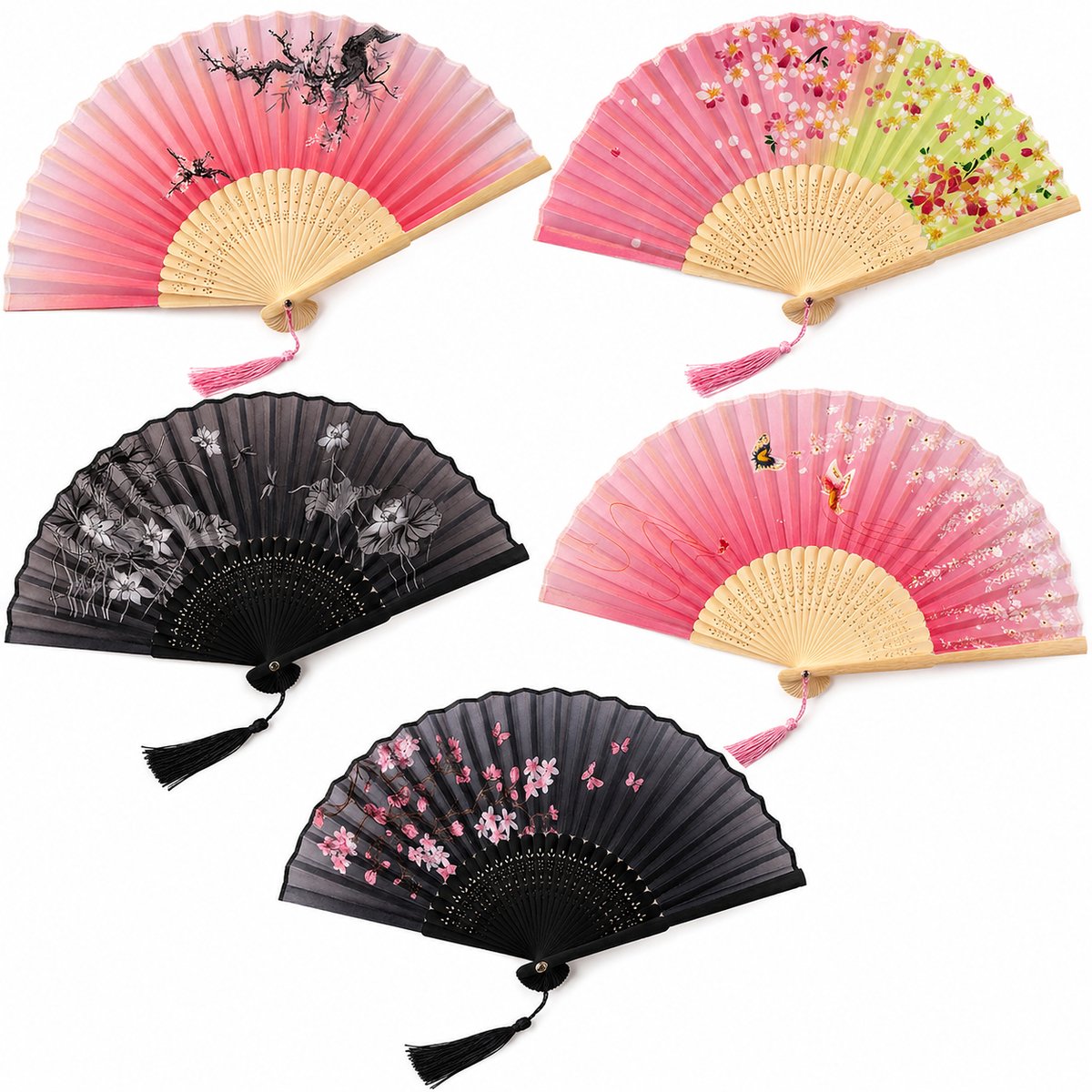 Set van 5 Handwaaiers - Bamboe Vouwwaaier met Kwastje 21cm - Luxe Spaanse Waaier voor Bruiloft, Festival en Feestdecoratie - Handige Verkoeling en Cosplay Accessoires - kleurrijk2
