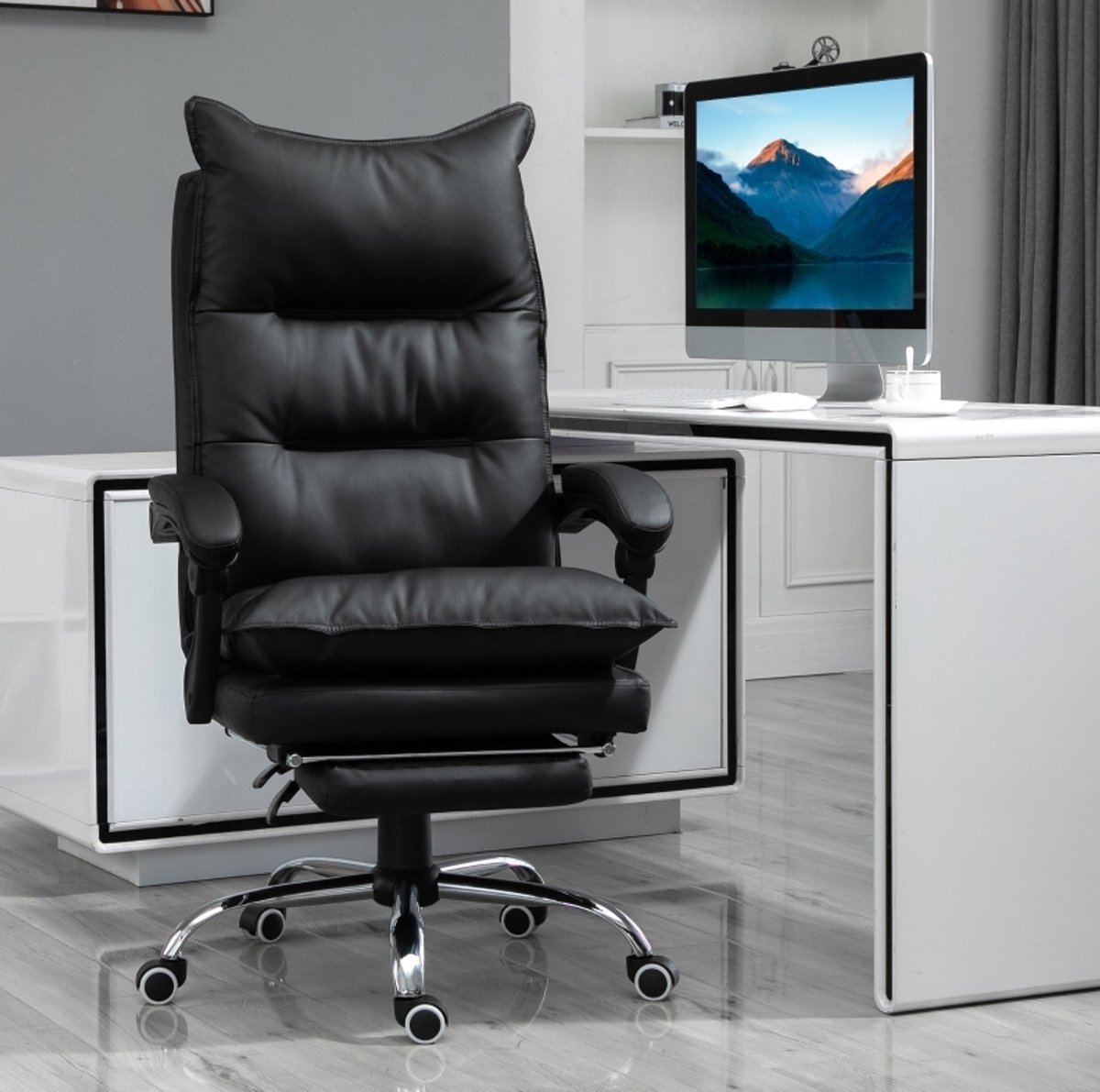DESMIU Bureaustoel 66 x 72 x 122-130 Cm - Hoogteverstelbaar Met Voetsteun En Kantelbare Rugleuning - Voor Kantoor En Thuiskantoor - Kunstleer Zwart