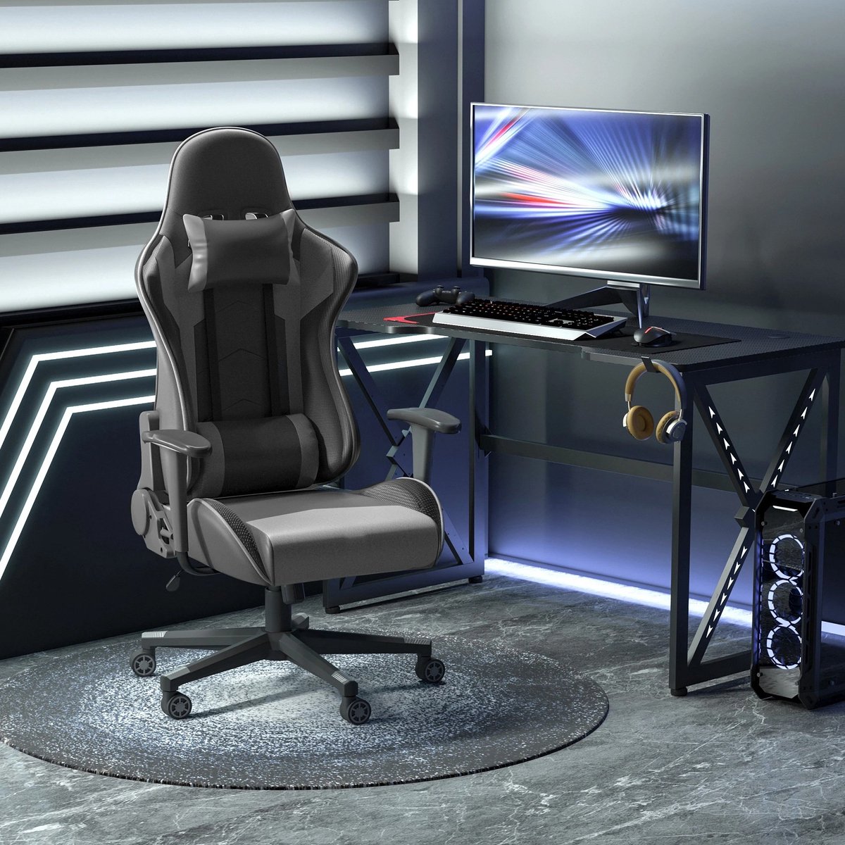 DESMIU Bureaustoel 67,5 x 74 x 126-136 cm - Ergonomisch Met Hoofdsteun En Lendensteun - Voor Kantoor En Gamen - Kunstleer Zwart