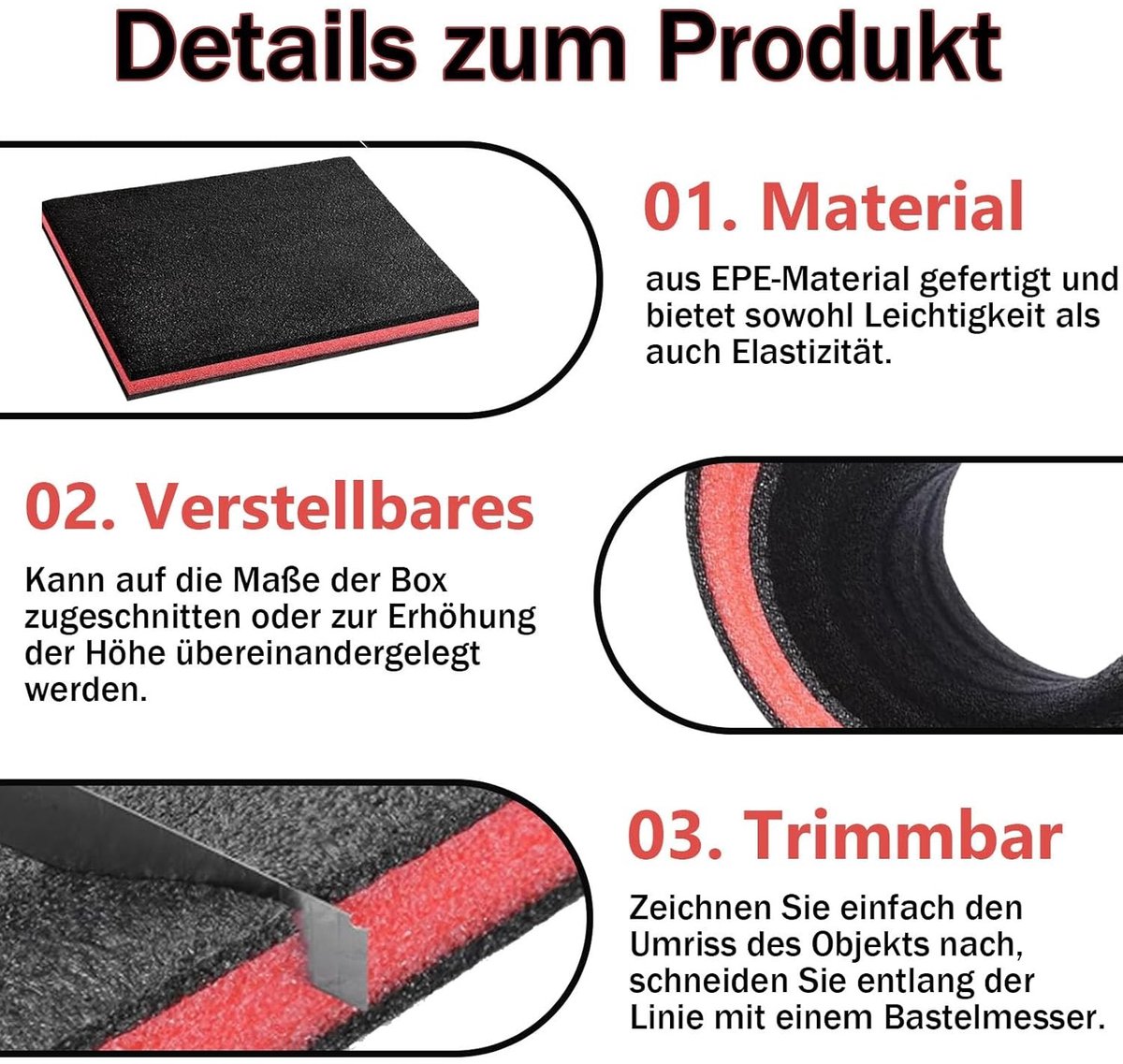 Op maat gemaakte schuimrubberen opbergdozen voor gereedschap - 4 stuks, 40 x 30 x 5 cm, verstelbaar en duurzaam schuim voor modellen en koffer.
