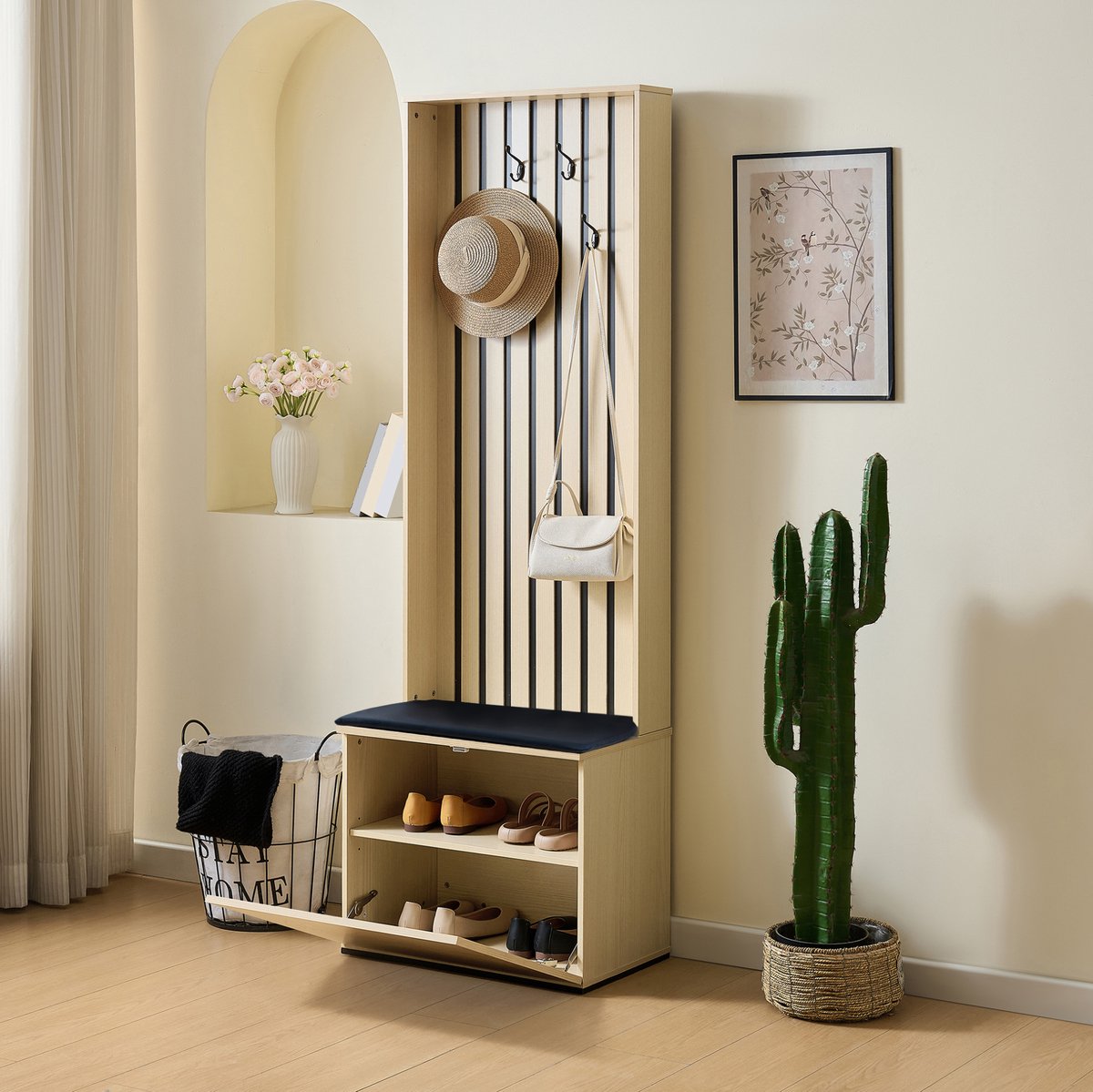 OKWISH Halmeubel - Garderobekast Met Zitbank En Schoenopslag - 61 x 35 x 179,5 cm - 4 Haken - Open Opbergruimte - MDF Houtkleur