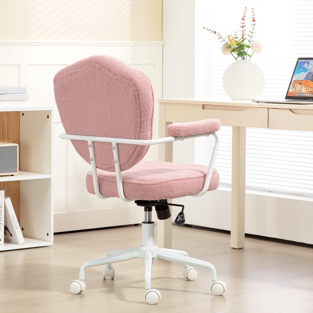 OKWISH Bureaustoel – Ergonomisch Met Wippfunctie En Draaibare Wielen – In Hoogte Verstelbaar Voor Home Office Of Kaptafel – Polyester – Roze