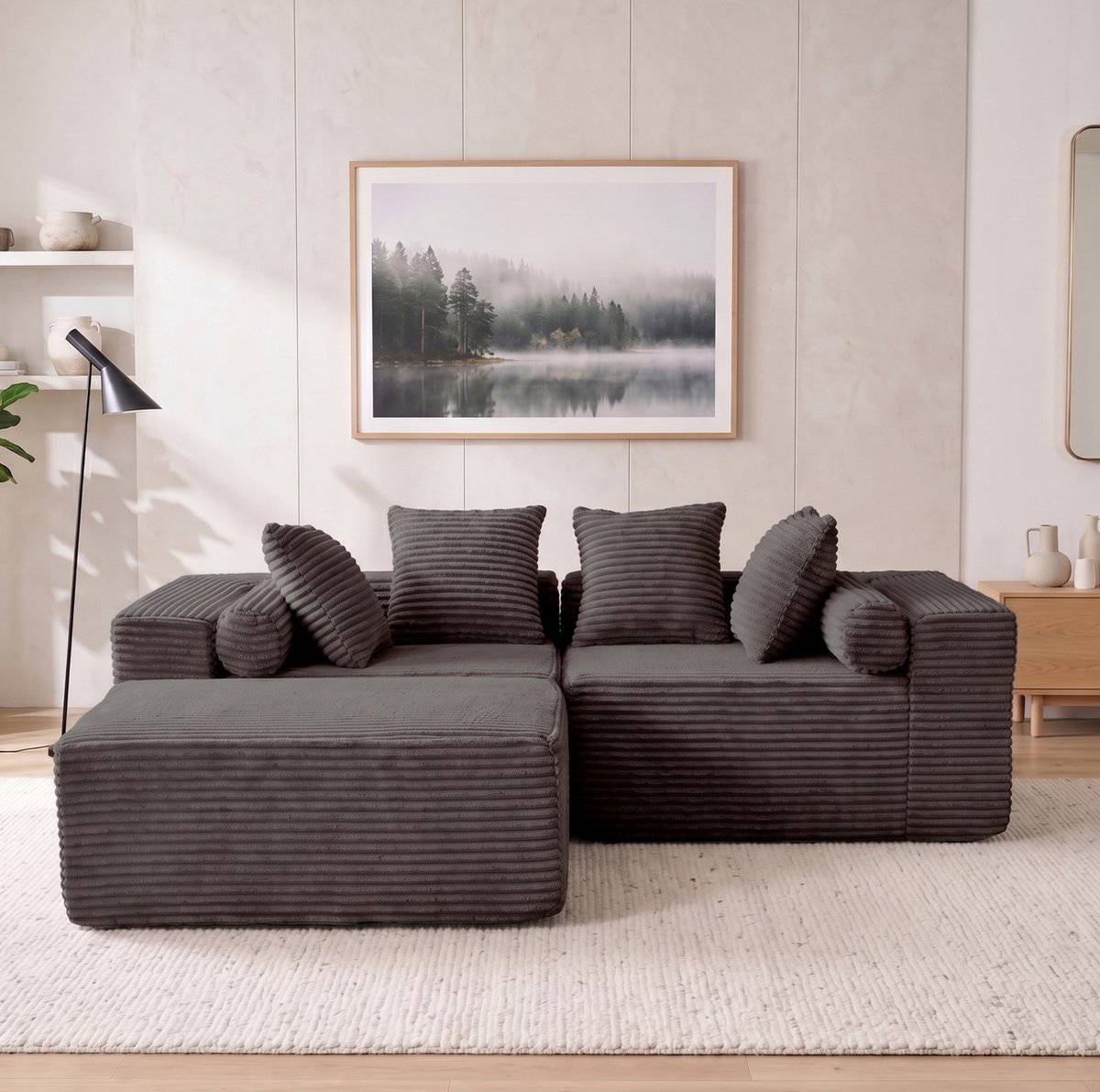 MIVRAY Hoekbank 266 x 110 x 60 cm - Modulaire L-Vorm Met Lounge Chaise Zonder Montage - Voor Woonkamer En Appartement - Chenille Zwart