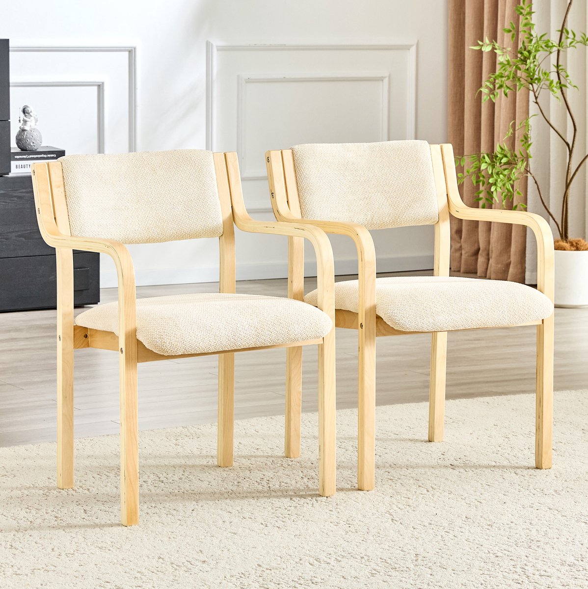 OKWISH Eetkamerstoel - Set Van 2 Met Armleuning En Gebogen Houten Frame - Scandinavisch Voor Eetkamer Of Woonkamer - Stof - Wit