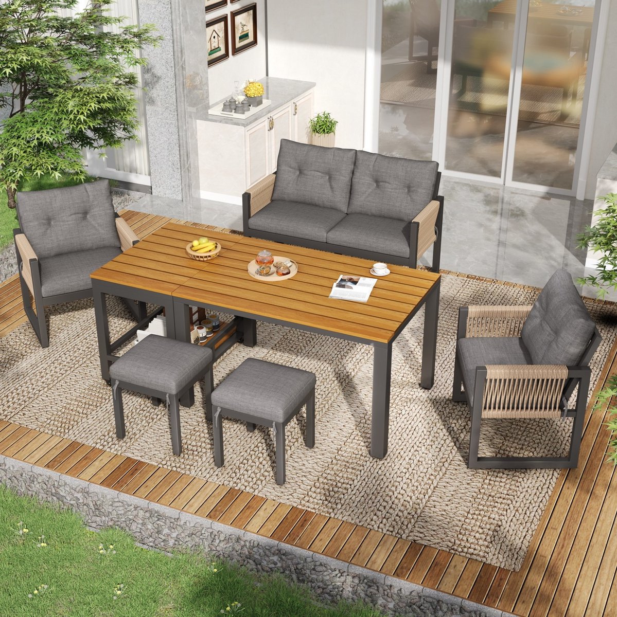FloraGrace Loungeset - Set Met 2-Zitsbank, 2 Fauteuils, 2 Hockers En Afneembare Tafel - Voor Terras En Balkon - Grijs Naturel